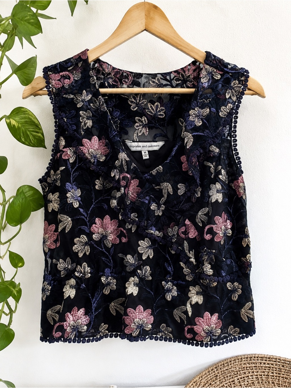 Cupcakes & Cashmere Embroidered Velvet Floral Mesh Top